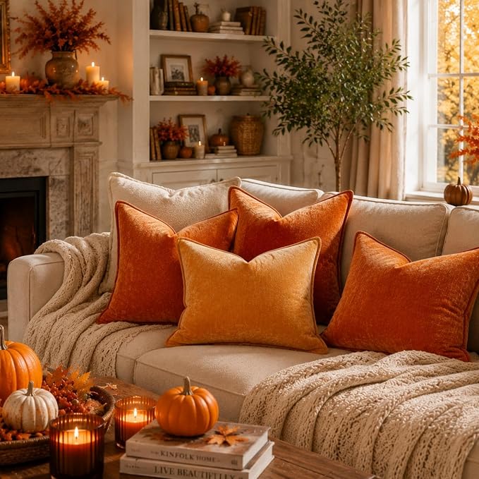 decorUhome Chenille Rust Velvet Throw Pillow Covers 22x22 Set of 2 | Fall Soft Euro Sham Couch Decorative Modern Farmhouse Pillow Cases with Elegant Design for Sofa Bed Living Room Home Decor