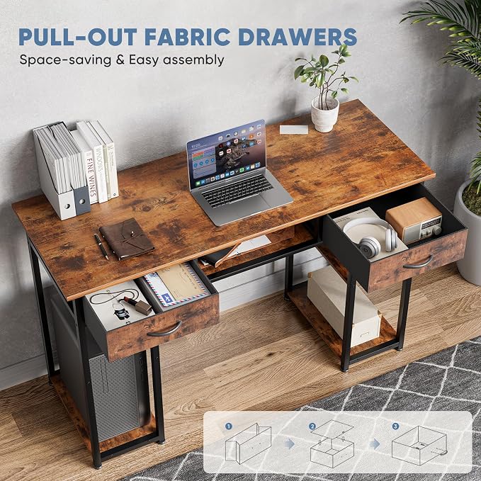 DUMOS 48-Inch Computer Desk with Drawers, Hook and Side Bag, Brown | Home Office Desk for Bedroom, Gaming Writing Study Desk with Adjustable Feet