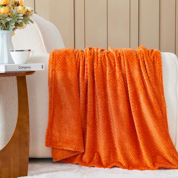 NEWCOSPLAY Fleece Leaves Pattern Queen Blanket, Orange, 90"x90" | Super Soft Throw Blanket, Lightweight Cozy Bed Sofa Blanket, Premium Silky Flannel Fleece, Travel Blanket for All Season Use