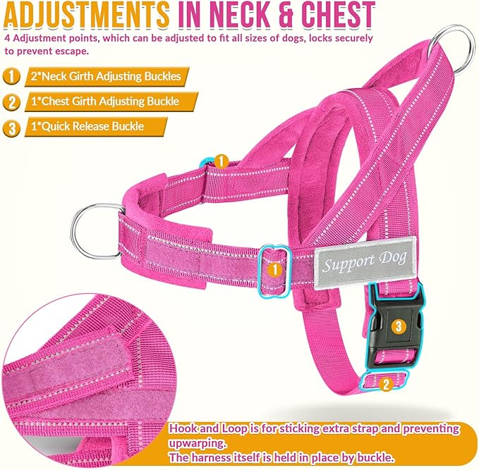 SlowTon No Pull Dog Harness - Heavy Duty Dog Harness and Leash Set for Medium Large Dogs, Reflective Tactical Harness with Soft Padded and Front Clip for Easy Walk and Training (Fuchsia XL)