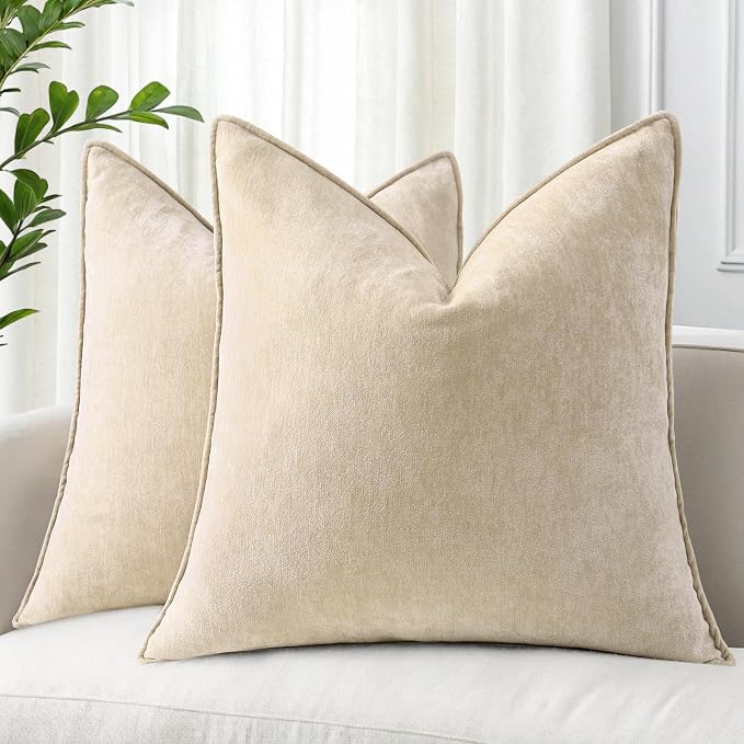 decorUhome Chenille Beige Velvet Throw Pillow Covers 20x20 Set of 2 | Fall Soft Couch Decorative Modern Farmhouse Pillow Cases with Elegant Design for Sofa Bed Living Room Home Decor