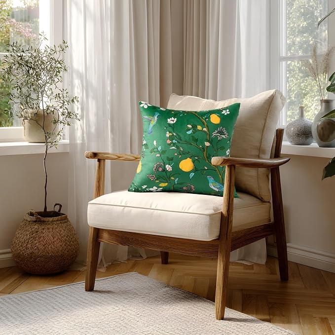 MUSSEL Green Velvet Floral Decorative 20x20 Pillow Covers Set of 2 | Soft Durable and Sturdy,Bird Plant,Throw Pillows Case,Square,Colorful Mid Century Cushion Covers,Sofa Couch Decor