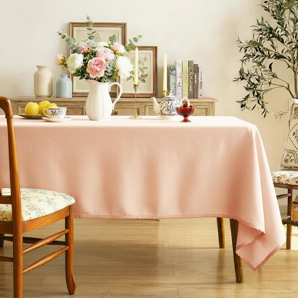 Cotton Tablecloth 60 x 75 Inch Rectangle – Rust Blush Table Cloth with Embroidered Edge Trim - Table Cover for Dining Room, Farmhouse, Kitchen, Home, Party & Wedding Décor