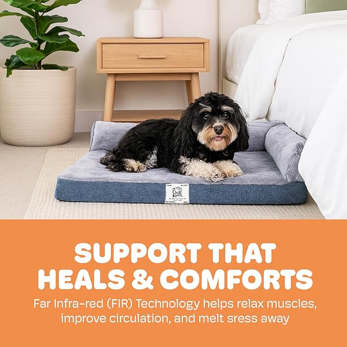 Dog Gone Smart Chill Kuzzi Dual Bolster Crate Pad - Washable Dog Bed Infused with Far Infrared Rays (FIR) - Supportive Plush Cushion for Crates, Travel, and Recovery - Slate Blue, Small 17 x 23 Inches