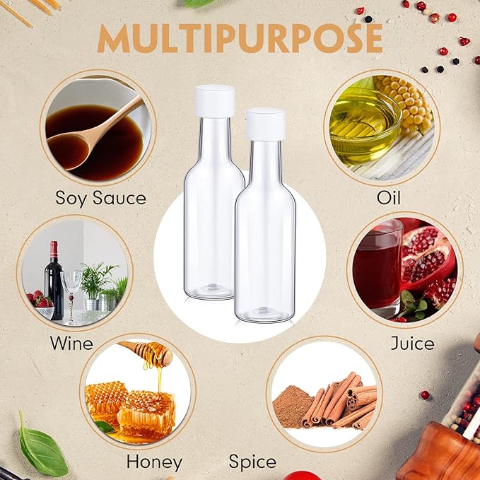 Patelai 100 Pcs Mini Liquor Bottles Set, 50ml (1.7oz) Plastic Empty Spirit Bottles for Party, Alcohol Shot Containers with Caps, 6 Liquid Funnels and 100 Kraft Tags with 65 ft Ropes, White Caps