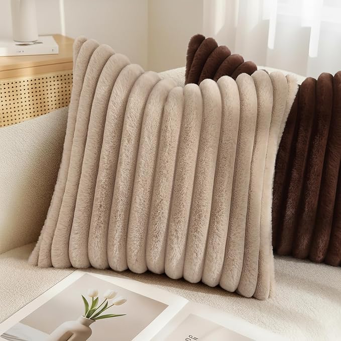 decorUhome Fall Faux Fur Throw Pillow Covers 24x24 Set of 2 Dark Brown | Decorative Soft Cozy Striped Plush Modern Farmhouse Boho Couch Pillow Cases Velvet Back for Sofa Bed Living Room Home Decor