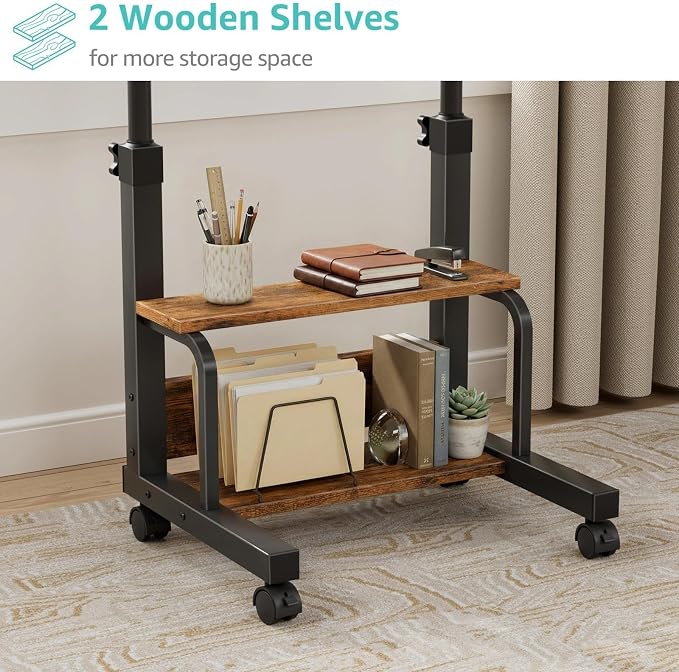 WINAZ C Shaped Rolling Laptop Desk - 24" Rustic Brown Mobile Desk with Wheels for Small Spaces, Height Adjustable Overbed Table with 2-Tier Storage Shelves