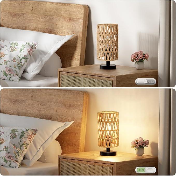 Fenmzee Table Lamps (Rattan Rope Shade - Black Base, 9" Inline Control) | 3000K LED Blub Included | 680 Lumens | Easy Assembly | Minimalist Design | E26 | for Kitchen | for Kids Room