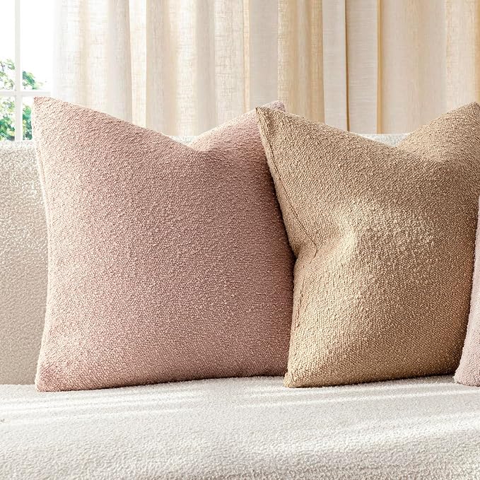 Foindtower Set of 2, Decorative Textured Boucle Throw Pillow Covers Accent Solid Pillow Cases Neutral Soft Cozy Couch Cushion Case for Chair Sofa Bedroom Living Room Home Decor 18 x 18 Inch Light Pink