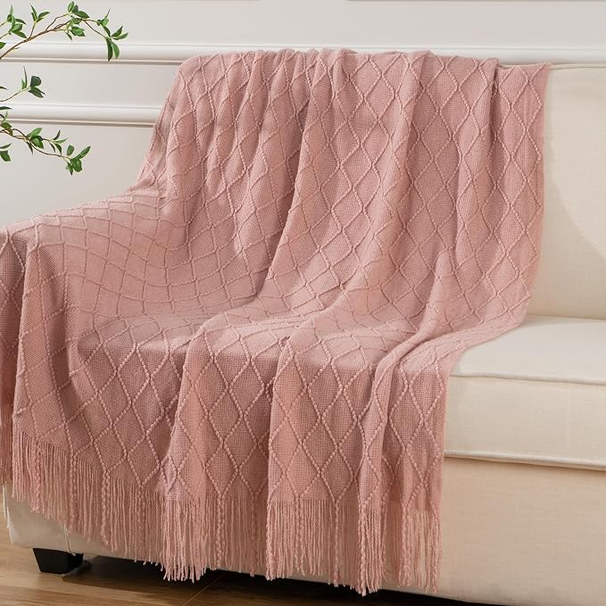 BATTILO HOME Blush Throw Blanket with Tassels, Pink Knit Blanket for Home Decor, Boho Style Textured Knitted Decorative Blanket for Couch, Sofa &Bed, 50"x60"
