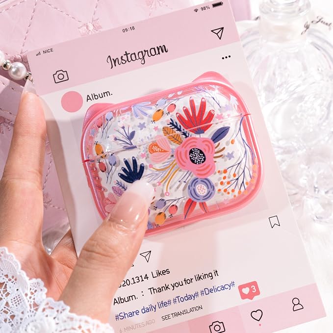 for AirPods Pro 2 Case with Cleaning Kit, Cute Cat Ear Print Design & Cute Buckle for Girls, Phone Holder & Top Safe Lock Buckle Design for AirPods Pro 2nd/1st Gen case, Clear Flowers