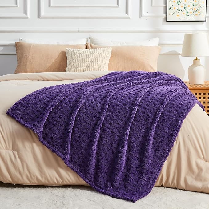 NEWCOSPLAY 3D Waffle Checkered Flannel Throw Blanket, Dark Purple, 50"x70" | Super Soft Cute Lightweight Decorative Premium Silky Fleece Blanket for Couch Sofa Bed, Gift for Women Men, All Season Use