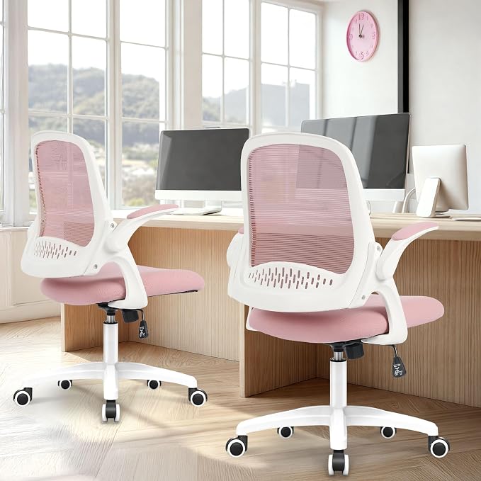 NEO CHAIR Office Desk Gaming Ergonomic Computer Chair with Lumbar Back Support Adjustable Height Swivel Rolling Wheels Flip-up Arms Mesh Chair for Home Vanity (Pink) | Lumbar Support, Height Adjustment, 360° Swivel and Rolling Base, Space-Saving Design...