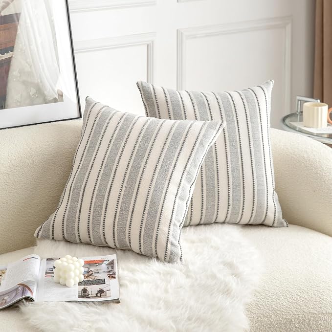 Cethom Decorative Boho Throw Pillow Covers, Farmhouse Textured Pillow Case, 18 x 18 Inch Set of 2, Chair Sofa Bedroom Living Room Home Decor Couch Cushion Case, Grey and Beige Striped