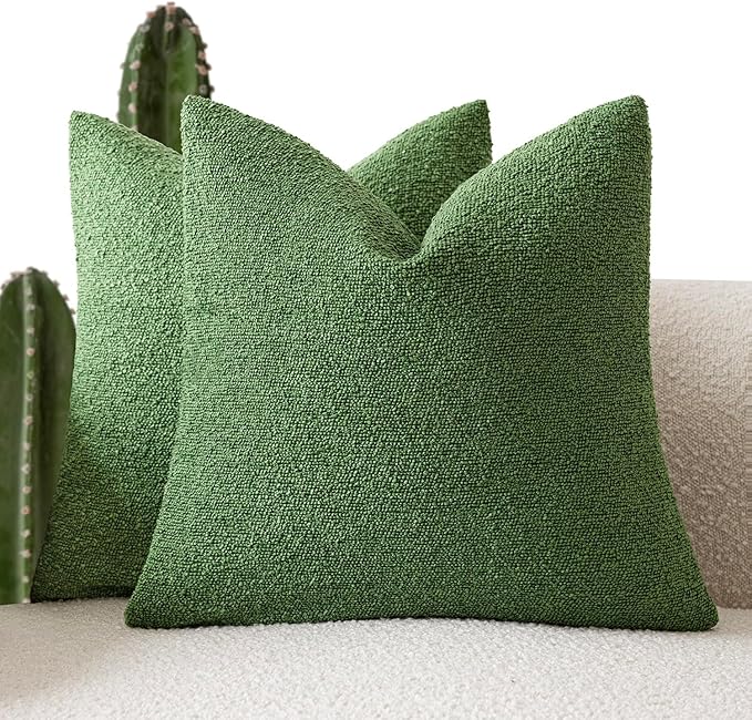 Foindtower Set of 2, Decorative Textured Boucle Throw Pillow Covers Accent Solid Pillow Cases Neutral Soft Cozy Couch Cushion Case for Chair Sofa Bedroom Living Room Home Decor 26x26 Inch Forest Green