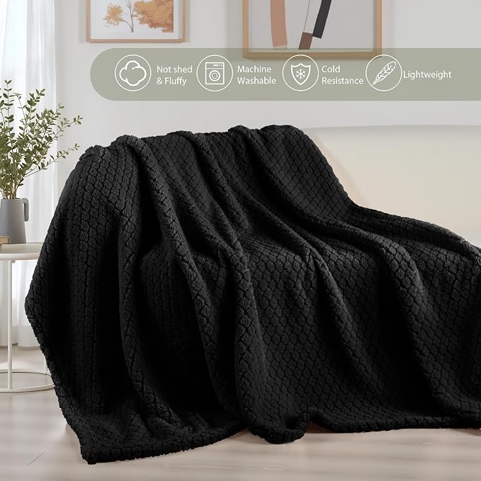 Exclusivo Mezcla Soft Fleece Twin Size Blanket for Bed, Black | Jacquard Lightweight Cozy Bed Blanket, Breathable Decorative Fuzzy Textured All Season Use, 60x80 Inches