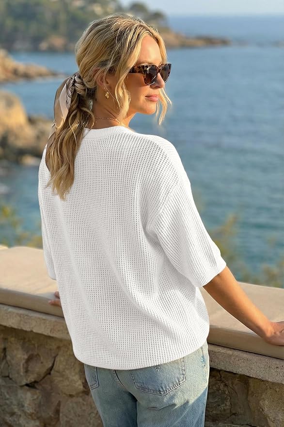Arach&Cloz Womens Summer 100% Cotton Oversized Crochet Tops 3/4 Length Sleeve Sweater Hollow Out Casual Blouses 2026