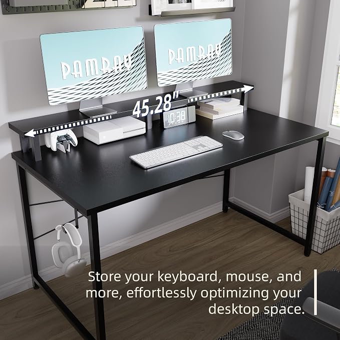 Pamray 47 Inch Small Computer Desk with Monitor Stand, Simple Office Desk with Headphone Hook for Small Spaces, Kids Study Writing Table for Bedroom, Black