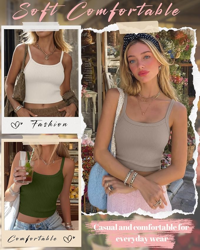 Ficerd 3 Pack Women's Tank Tops 95% Cotton Spaghetti Strap Ribbed Crop Camisole Slim Fitted Basic Summer Sleeveless Layer