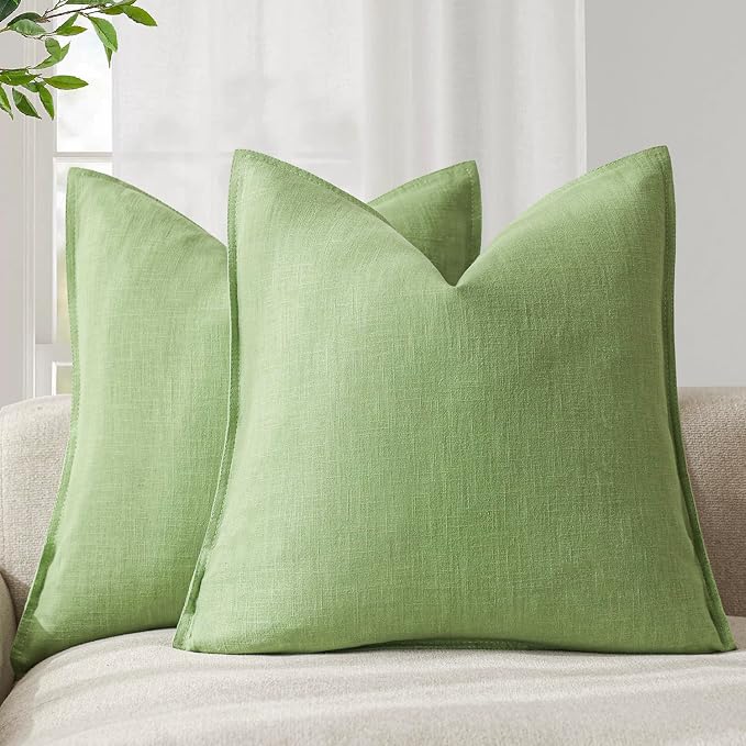 Foindtower Pack of 2, Decorative Linen Solid Throw Pillow Covers Soft Accent Euro Cushion Case Boho Farmhouse Pillowcase for Chair Couch Sofa Bedroom Living Room Home Decor 22 x 22 Inch Lime Green