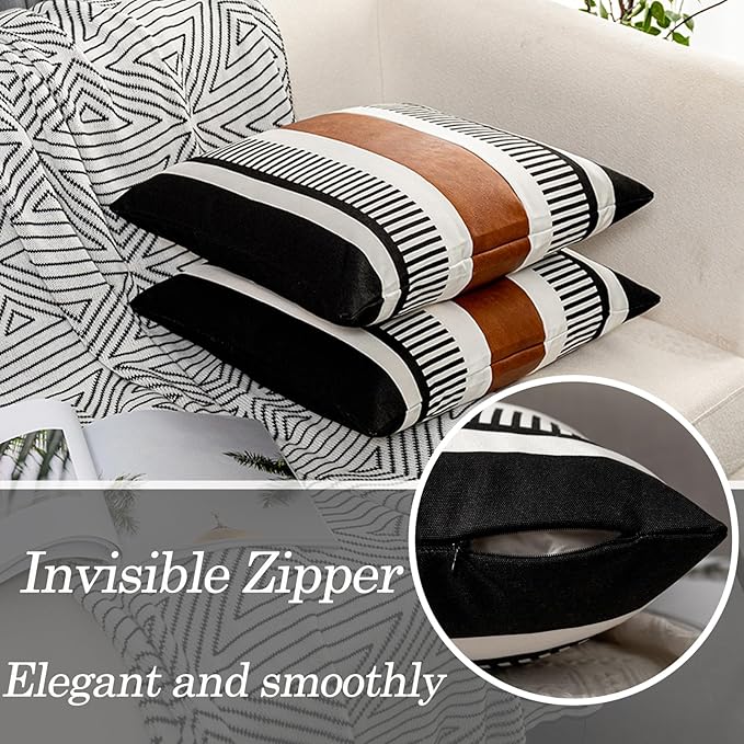 24x24 Boho Striped Pillow Cover with Faux Leather Accent, Black, 2 PC | Geometric printed cotton, vintage brown accent, black white reversible cushion case, farmhouse tribal floor sofa couch decor.