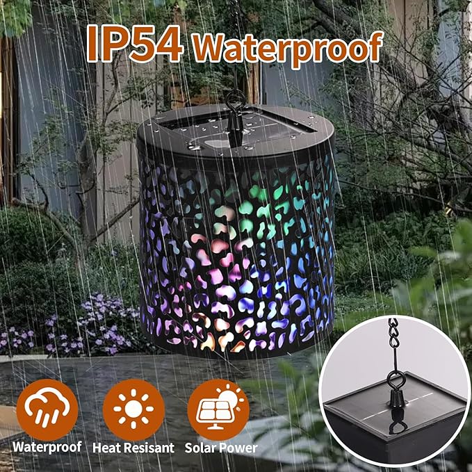 Hanging Solar Lights Outdoor Waterproof: RGB Hanging Lights with S Hooks Decor Iron Art Outdoor Solar Lantern in Garden, Pathway,Yard, Front Door and Landscape (2)