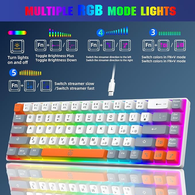 Snpurdiri 60% Percent Gaming Keyboard (68 Keys, White-Grey-Orange) | Ergonomic Compact RGB Backlit Small Gaming Keyboard for Windows, PC, Laptop