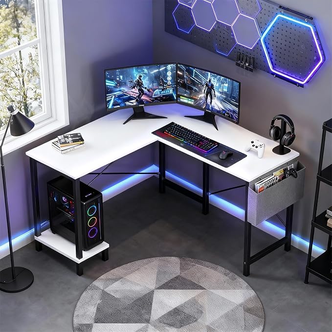 OLIXIS L Shaped Desk, 50-Inch Office Computer Gaming Desks Corner PC Table with Side Bag and Reversible Shelf for Home Work Study Writing White | Side Bag, Reversible Shelf, Home Work Study Writing, PC Workstation, Easy Assembly, White