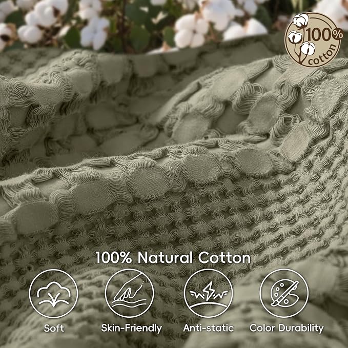 PHF 100% Cotton Waffle Weave Blanket Queen Size, Lightweight Breathable Summer Blanket for Hot Sleepers, Pre-Washed Soft Layer for Bed, Couch, Aesthetic Home Decor & Gift, 90"x90", Dusty Sage