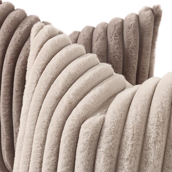 decorUhome Fall Faux Fur Throw Pillow Covers 16x16 Set of 2 Light Coffee | Decorative Soft Cozy Striped Plush Modern Farmhouse Boho Couch Pillow Cases Velvet Back for Sofa Bed Living Room Home Decor