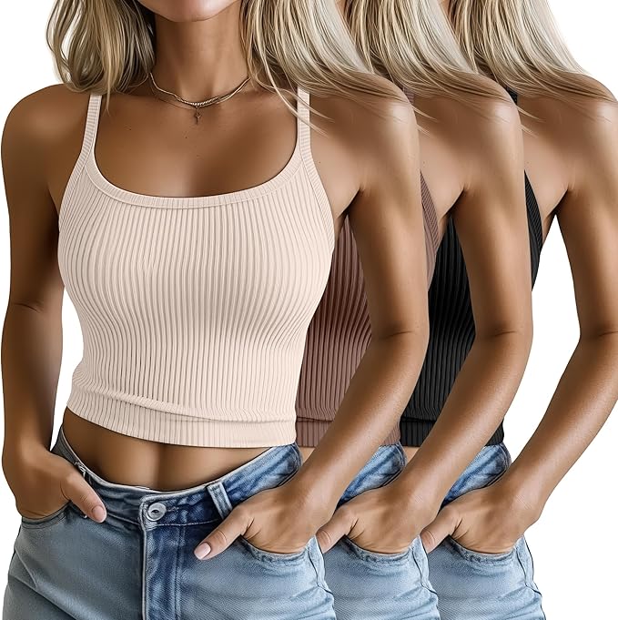 Ficerd 3 Pack Women's Tank Tops 95% Cotton Spaghetti Strap Ribbed Crop Camisole Slim Fitted Basic Summer Sleeveless Layer