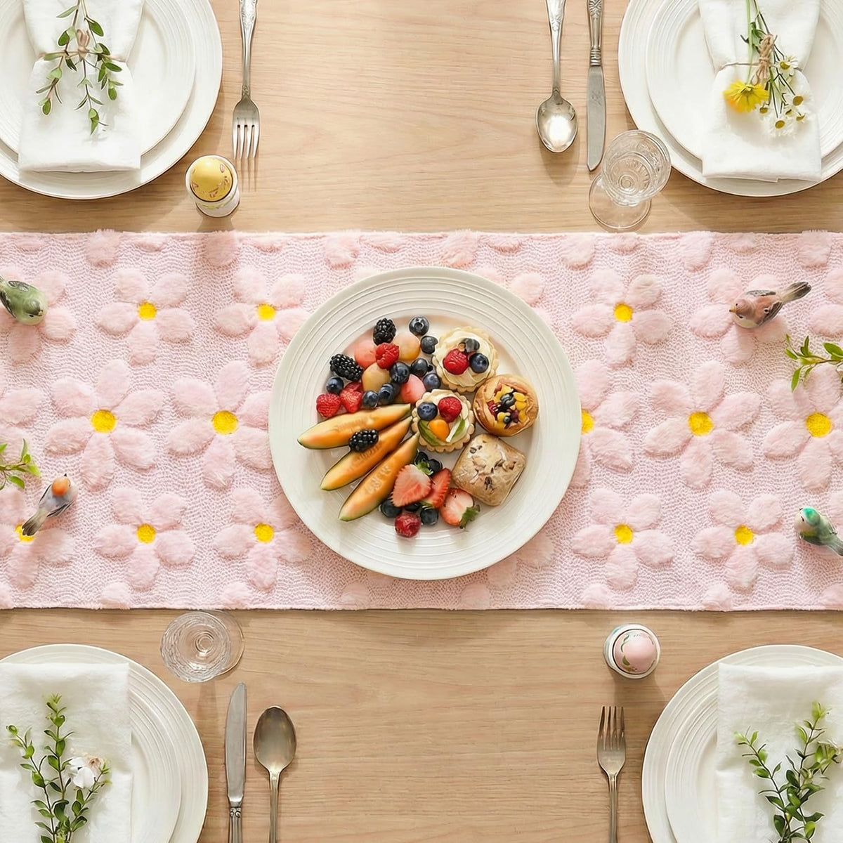 Artoid Mode Pink Soft Plush Faux Fur Jacquard Embroidery Daisy Spring Table Runner, Kitchen Dining Table Decoration for Home Party Decor 13x72 Inch