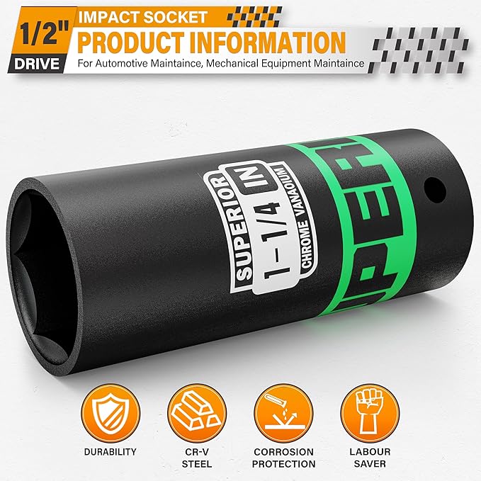 1/2" Drive Impact Socket, 1-1/4 inch Deep Socket, SAE, 6 Point, CR-V, for Car Repair, Loosen the Fastening Nut