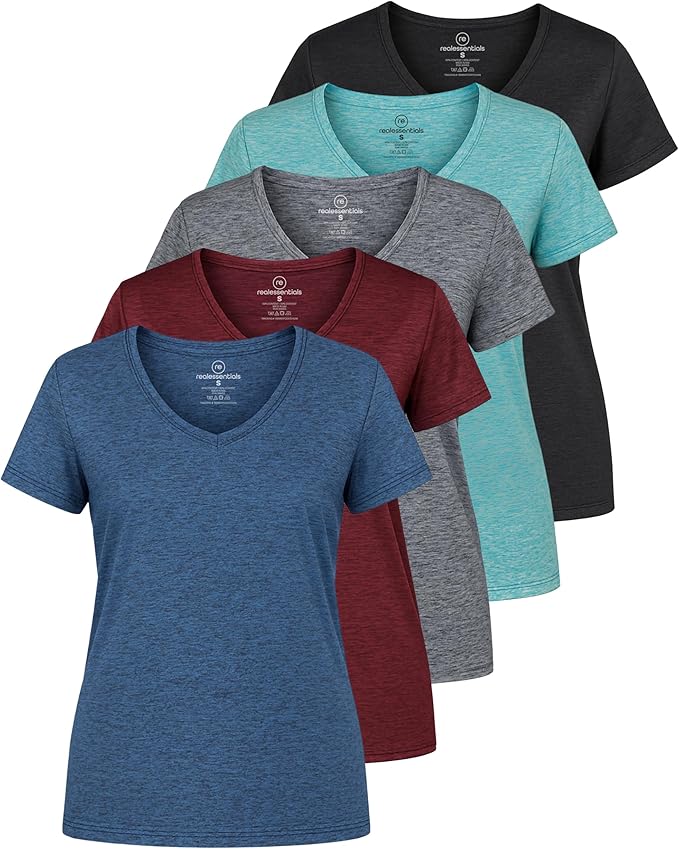 5 Pack Women's Dry Fit V Neck Workout Tops T Shirts Athletic Gym Yoga Tees | Available In Plus Size, Cooling Moisture-Wicking, Short Sleeve, Quick-Dry, Fitness, Stretch, Exercise, Running, Hiking