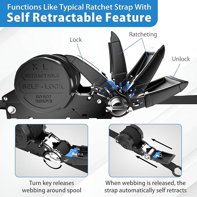 USA Based Retractable Ratchet Straps (2PK) 1in x 16ft - 1,500lb Break Strength, Heavy Duty Automatic Ratchet Straps Self Retractable Tie Down, Push Button Retracting Truck Trailer Cargo | Black