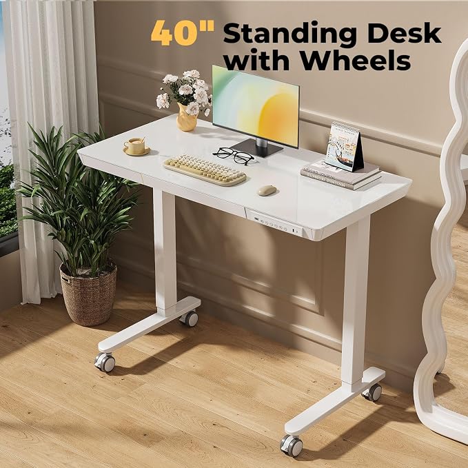 40" Glass Standing Desk with Drawer, Electric Stand up Desk | Height Adjustable Desk with One-Piece Tabletop & USB Charging Ports, Sit Stand Desk with Storage for Home Office, White