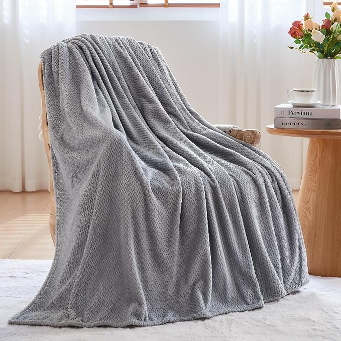 NEWCOSPLAY Fleece Leaves Pattern Twin Blanket, Grey, 60"x80" | Super Soft Throw Blanket, Lightweight Cozy Bed Sofa Blanket, Premium Silky Flannel Fleece, Travel Blanket for All Season Use