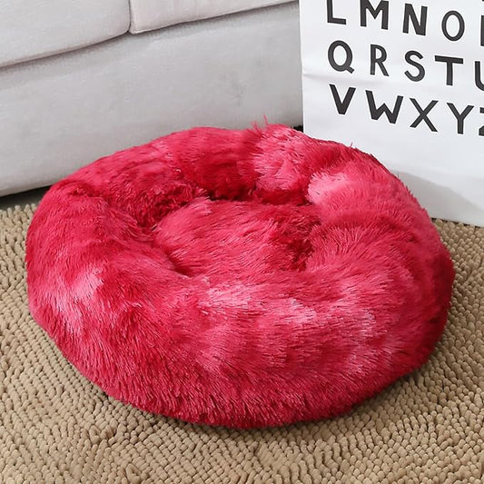 Calming Dog Bed for Small Dogs, Calming Donut Cuddler Pet Bed Anti Anxiety Round Dog Bed Fluffy Plush Faux Fur Cat Bed,Wine red,31.5IN