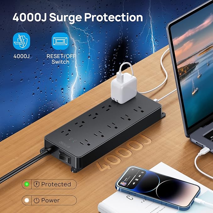 TROND Surge Protector Power Strip 10ft, 4000J, ETL Listed, 10 Widely Spaced Outlets, 2 USB A & 2 USB C Ports, Flat Plug Long Extension Cord, Wall Mountable, for Home Office Entertainment, Black