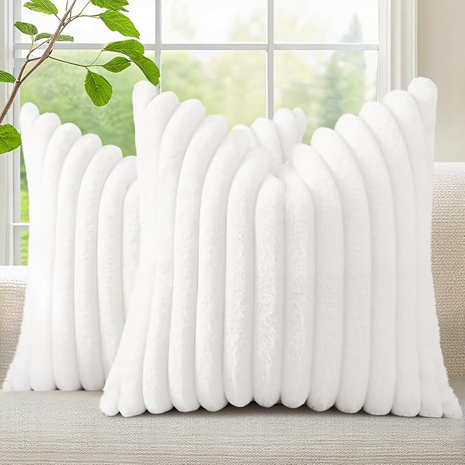 decorUhome Fall Faux Fur Throw Pillow Covers 26x26 Set of 2 White | Decorative Soft Cozy Striped Plush Modern Farmhouse Boho Couch Pillow Cases Velvet Back for Sofa Bed Living Room Home Decor