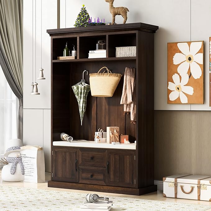 RUNNA Delicate 3-in-1 Hall Tree with 2 Cabinet and 2 Drawers,3 Open Shelves and 3 Hooks,Coat Hanger and Storage Bench,for Livingroom Hallway Entryway Use (Tiger#H-)