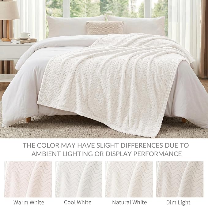 Exclusivo Mezcla Soft Fleece Blanket Twin Size for Bed, Sofa, Ivory | 90"x66" Breathable Lightweight Flannel Blanket for Summer, Plush Cozy Jacquard Wave for Home Decor