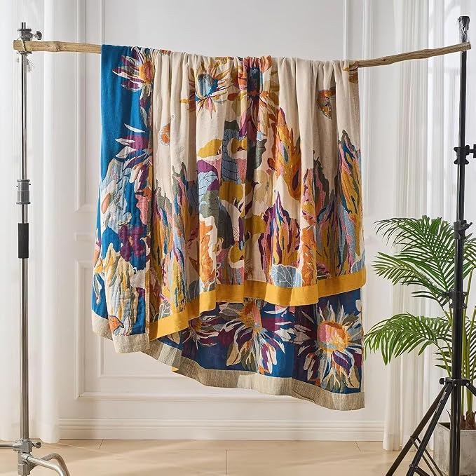 Boho Throw Blanket Farmhouse Decor Throw Blanket Bohemian Blanket for Bed 100% Cotton Muslin Woven Couch Blanket All Seasons Quilt Bedroom (D-Yellow, 90"x98")