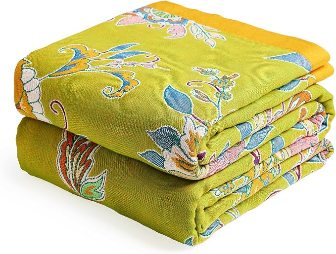 VANJOROY Boho Throw Blanket 60" x 80", 100% Organic Cotton Breathable Ultra Soft Bed Quilt Throw - All Season Luxury Floral Farmhouse Decor Blanket for Sofa Couch Chair and Gift. Green/Blue