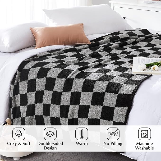 Soft Twin Size Checkered Blanket for Bed-Cozy Knitted Blankets | Lightweight Fluffy Warm Decor for Women, Mom, Her & Girls, Sofa, Chair, Couch, 60x80in, Black Grey