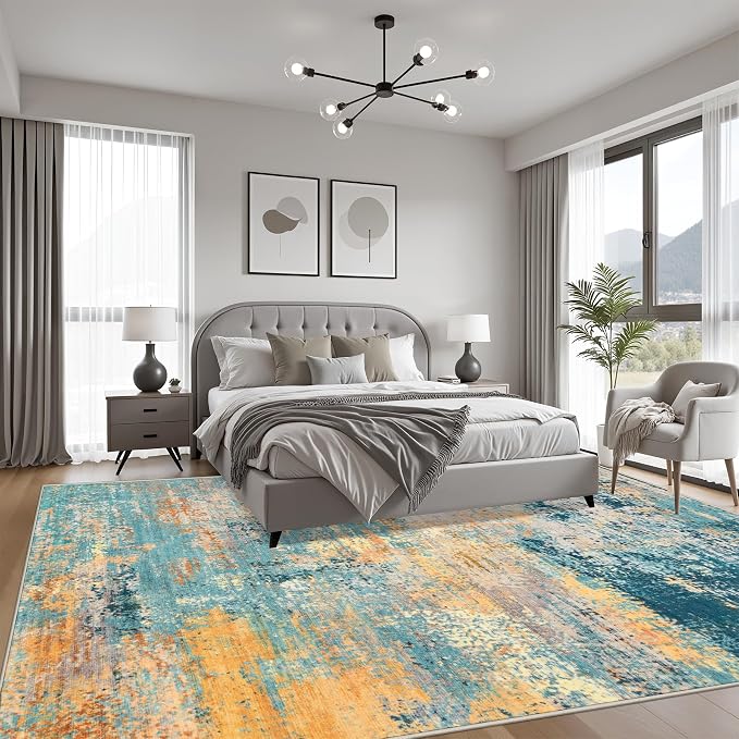 10x14 Area Rug Living Room Rug: Washable Modern Abstract Soft Thin Rug Indoor Floor No Slip Carpet for Bedroom Dining Room Farmhouse Nursery Home Office - Rosy Haze