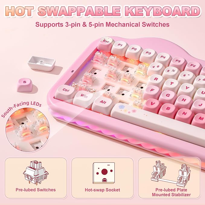 YUNZII C75 Cute 75% Wireless Mechanical Keyboard (Pink, Milk Switch) | Creamy Cake Keyboard, BT5.0/2.4G/USB-C, Hot-Swap, NKRO, PBT MOA Keycaps,5500mAh RGB Gasket Mount for Mac/Win/Gaming/Office