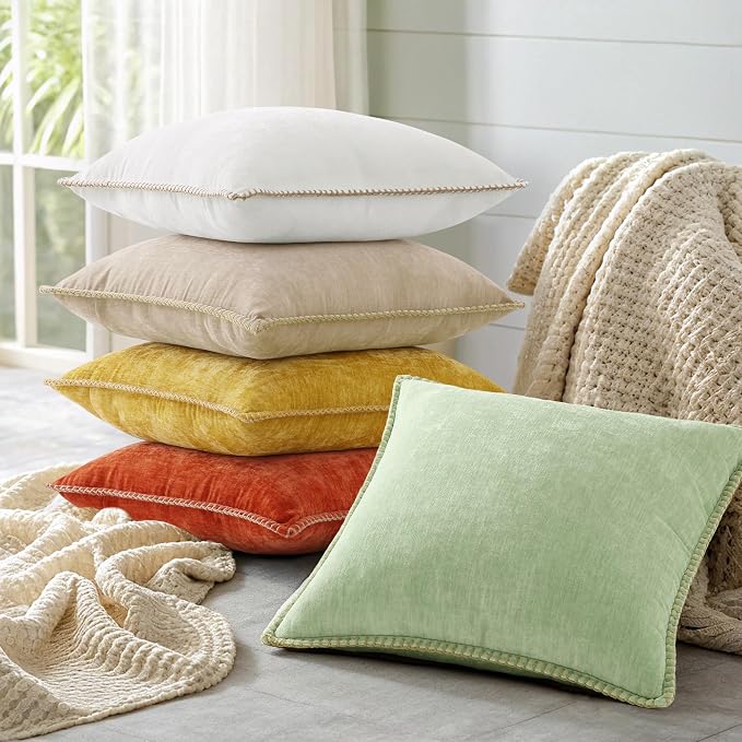 decorUhome Soft Chenille Throw Pillow Covers 24x24 Set of 2 Sage Green | Fall Textured Decorative Throw Pillow Cases Stitched Edge Modern Farmhouse Luxury Boho Velvet for Couch Sofa Bed Home Decor