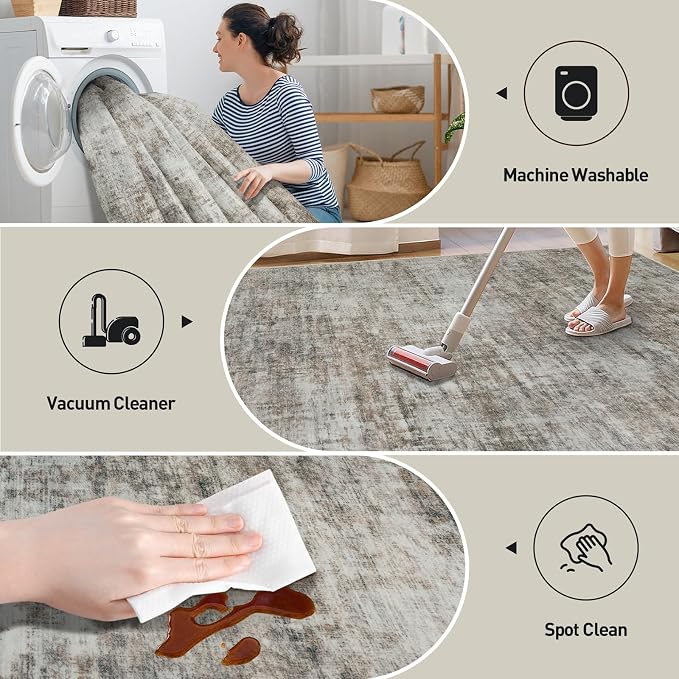 9x12 Area Rugs Washable Rug: Modern Abstract Living Room Rug Soft Anti-Skid Thin Carpet Indoor Floor Non-Shedding Carpets for Bedroom Dining Room Farmhouse Nursery Home Office Brown Black