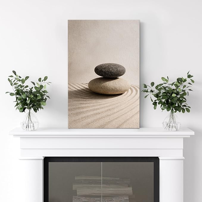 wall26 Canvas Print Wall Art Balanced Zen Stones on Raked Sand Minimal Neutral Photography Realism Rustic Colorful Multicolor for Living Room, Bedroom, Bathroom - 16"x24"